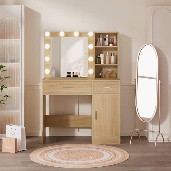 JEAREY Natural 35.43 in.W Makeup Vanity Desk Wood Dressing Table with Mirrors, Drawers, Cabinets, Shelves, 3-Color LED Lighted