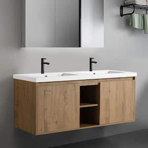 Modern 47.6 in. W x 18.3 in. D Double Sinks Floating Imitative Oak Bath Vanity with White Resin Top Unassembled