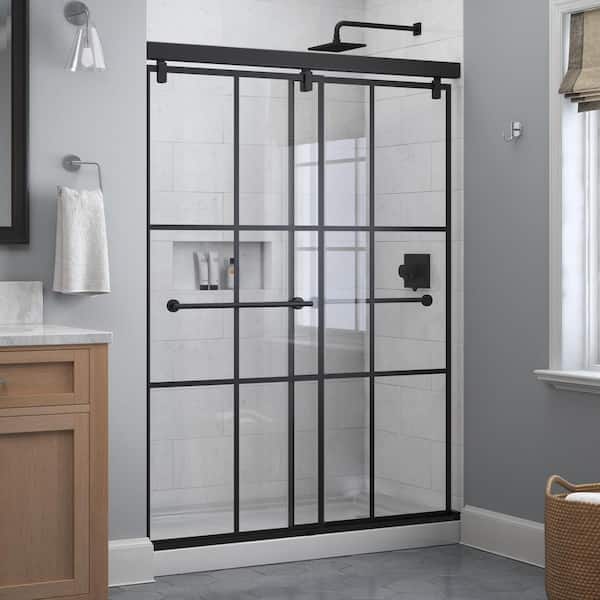 Delta Lyndall Mod 50-1/8 to 58-1/2 in. W x 71-1/2 in. H Soft-Close Frameless Sliding Shower Door, Matte Black, Ingot Glass