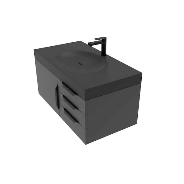 castellousa 36 in. W x 19 in. D x 16.25 in. H Single Floating Bath Vanity in Matte Black w/ Black Trim w/ Solid Surface Black Top