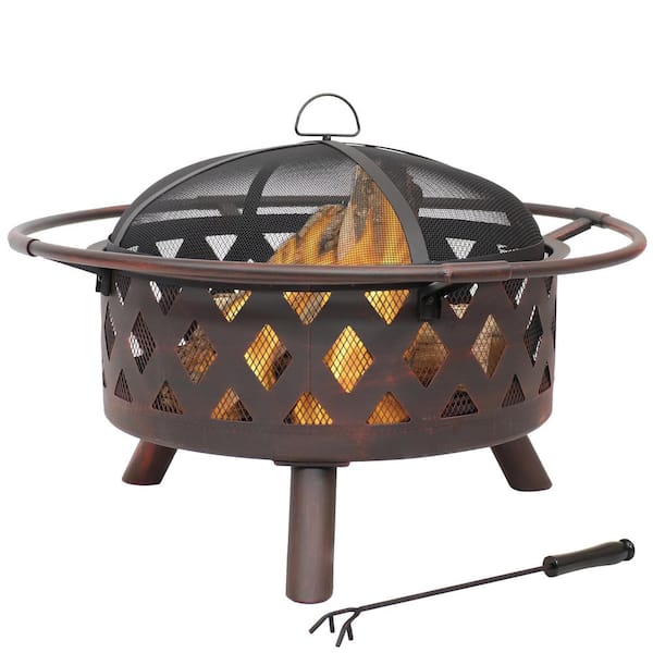 Sunnydaze Cross Weave 30 in. x 20 in. Round Bronze Wood Burning Fire Pit with Steel Spark Screen