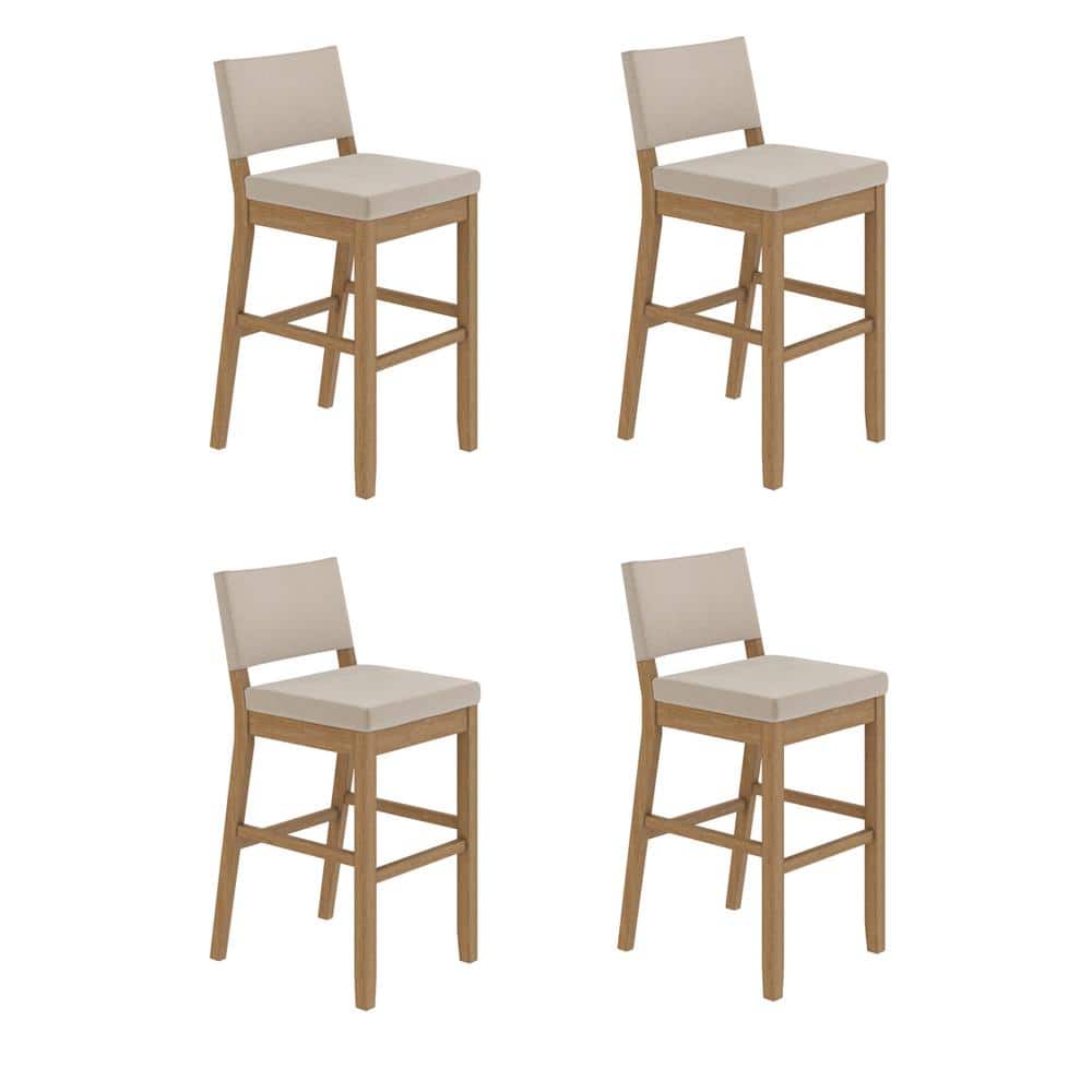 Linus Natural Flax Upholstered Bar Stools with Rubberwood Legs, Set of 4