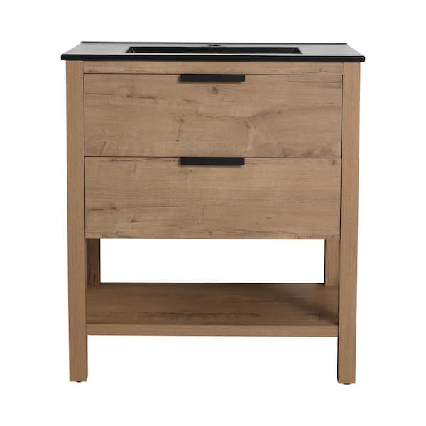 Unbranded 30 in. W x 18.3 in. D x 33.5 in. H Freestanding Bath Vanity in Oak with Black Ceramic Top and 2 Soft Close-Drawers