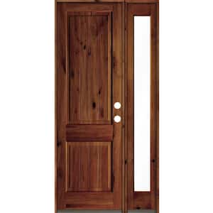44 in. x 96 in. Knotty Alder Square Top Left-Hand/Inswing Clear Glass Red Chestnut Stain Wood Prehung Front Door w/RFSL