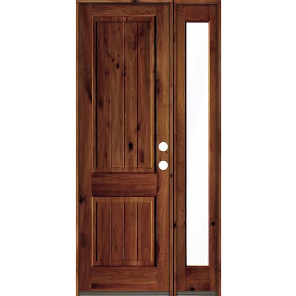Krosswood Doors 44 in. x 96 in. Knotty Alder Square Top Left-Hand/Inswing Clear Glass Red Chestnut Stain Wood Prehung Front Door w/RFSL