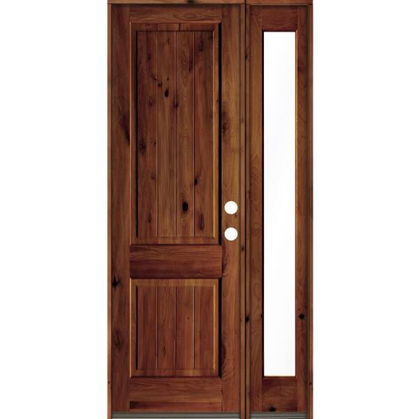 Krosswood Doors 46 in. x 96 in. Knotty Alder Square Top Left-Hand/Inswing Glass Red Chestnut Stain Wood Prehung Front Door with RFSL