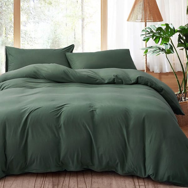 Comfy 3-Piece Green Jersey Knit T-Shirt Cotton King Duvet Cover Set Breathable Zipper Closure 100% Cotton