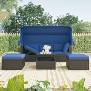 Gray 4-Piece Patio Wicker Outdoor Sectional Set with Blue Washable Cushions, Canopy, Ottomans and Coffee Table