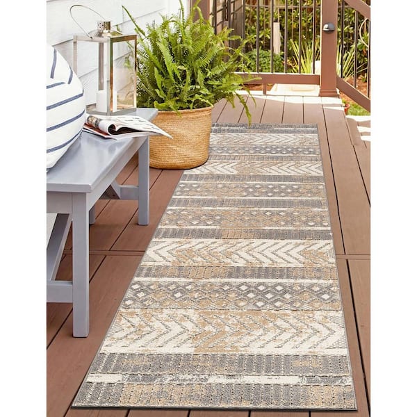 Distressed Geometric Beige 2 ft. 7 in. x 12 ft. Indoor/Outdoor Runner Rug