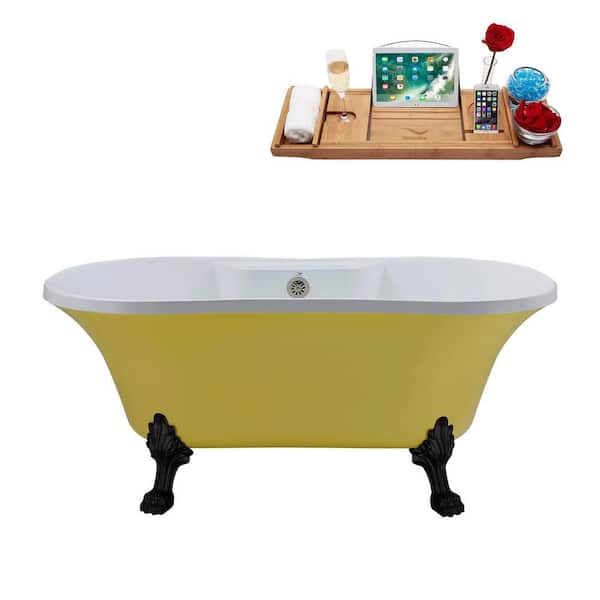Streamline 60 in. Acrylic Clawfoot Non-Whirlpool Bathtub in Matte Yellow With Matte Black Clawfeet And Brushed Nickel Drain