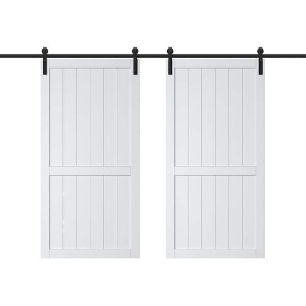 ARK DESIGN 84 in. x 84 in. White Paneled H Style White Primed MDF Sliding Barn Door with Hardware Kit