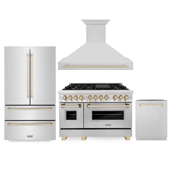 48 in. 7-Burner Kitchen Package with Dual Fuel Range, Range Hood Dishwasher and Refrigeration with Polished Gold Accents