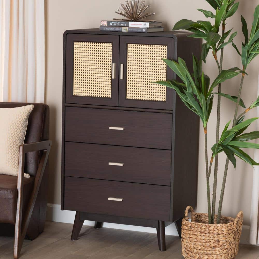 Giancarlo Espresso Brown 3-Drawer Wood Storage Chest with Rattan Doors