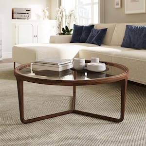 Ciro 37 in. Walnut Round Glass Top Coffee Table with Wood