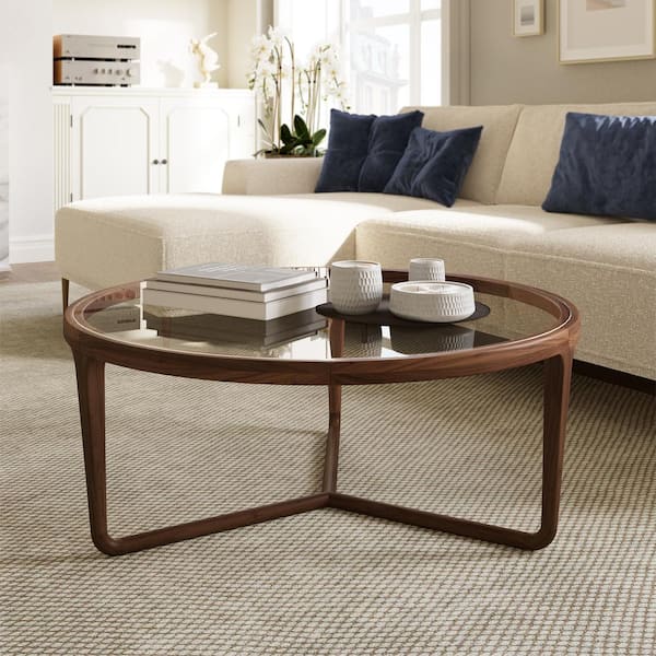 Poly and Bark Ciro 37 in. Walnut Round Glass Top Coffee Table with Wood