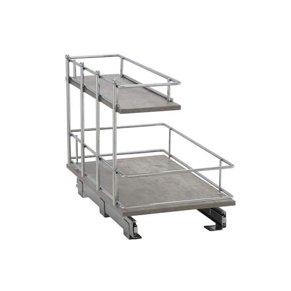 HOUSEHOLD ESSENTIALS Chrome and Faux Concrete Sliding 2-Tier Steel Under Sink Shelving Unit 12.25 in. W x 16 in. H x 21 in. D
