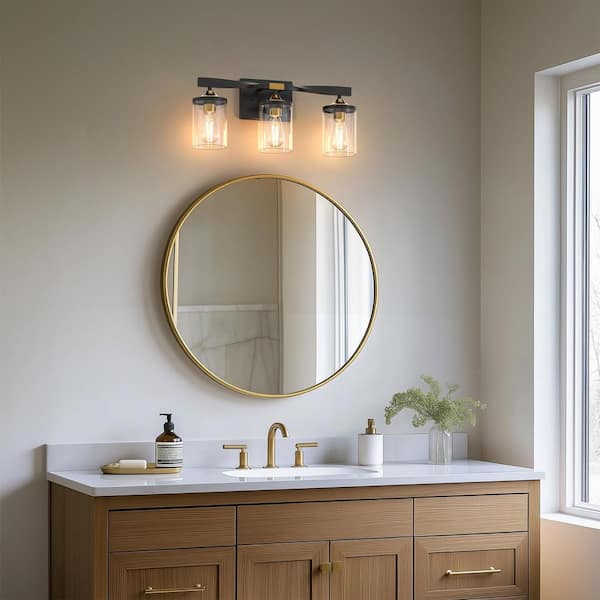 19.7 in. 3 Light Black and Gold Vanity Light with Straight Clear Glass Shades Industrial Wall for Bathroom E26 Base