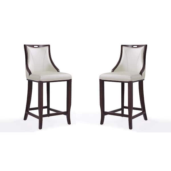 Manhattan Comfort Emperor 27 in. Pearl White and Walnut Beech Wood Bar Stool with Faux Leather Upholstered Seat (Set of 2)