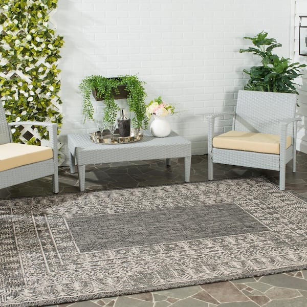 Courtyard Black/Beige 3 ft. x 5 ft. Border Ornate Indoor/Outdoor Area Rug