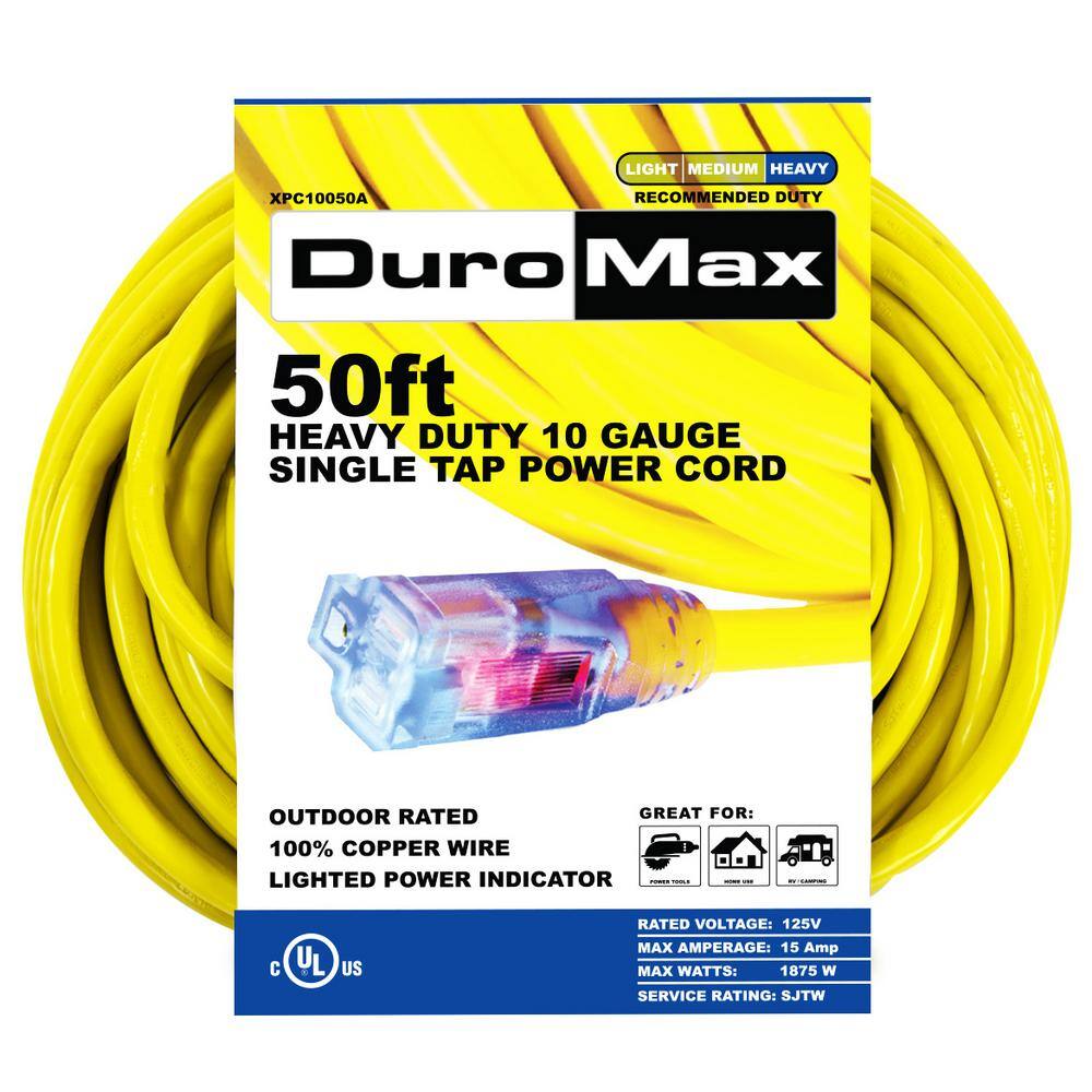 Duromax 50 Ft 10 3 Gauge Single Tap Heavy Duty Extension Power Cord Xpc10050a The Home Depot