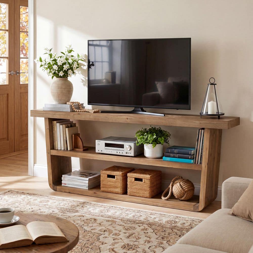 "Tabor 63 in. Brown Solid Wood TV Stand Fits TVs up to 75"" Living Room Bedroom Console Table 3 Shelves Extra Long Simple" price history on PriceWatchPro
