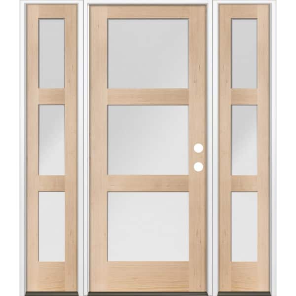 Krosswood Doors 64 in. x 80 in. Modern Hemlock 3-Lite Left-Hand/Inswing Frosted Glass Unfinished Wood Prehung Front Door w/ DSL