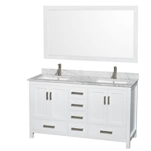 Sheffield 60 in. W x 22 in. D x 35 in. H Double Bath Vanity in White with White Carrara Marble Top and 58" Mirror