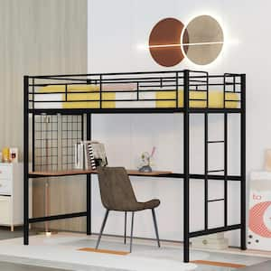 Black Twin Size Metal Loft Bed with Desk and Metal Grid