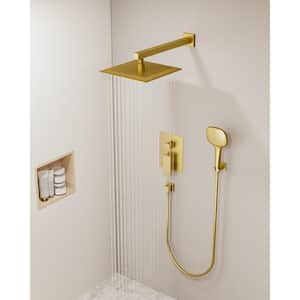 3-Spray 10 in. Wall Mount Dual Shower Heads Fixed and Handheld Shower Head in Brushed Gold (Valve Included)
