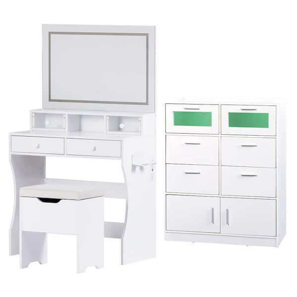 VECELO Vanity Desk with Storage Stool and Dresser Set 2-Piece White Wood Twin Bedroom Set with LED Lights, Charging Stations VECELO Vanity Desk with Storage Stool and Dresser Set 2-Piece White Wood Twin Bedroom Set with LED Lights, Charging Stations