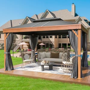10 ft. x 13 ft. Wood Grain Aluminum Frame, Galvanized Steel Double Roof with Netting and Curtains for Backyard and Patio