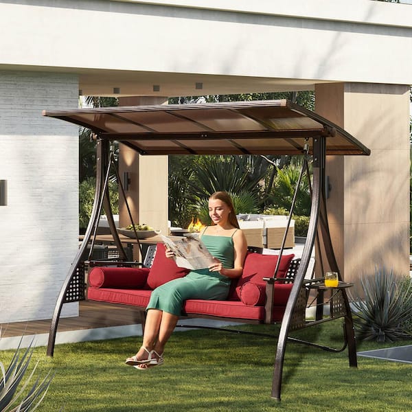 3-Seat Alloy Steel Patio Outdoor Porch Swing with Wine Red