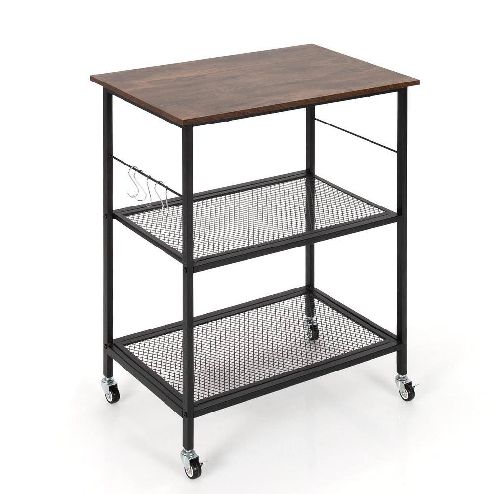 3-Tier Brown Kitchen Serving Cart Utility Standing Microwave Rack with Hooks - thumbnail 6