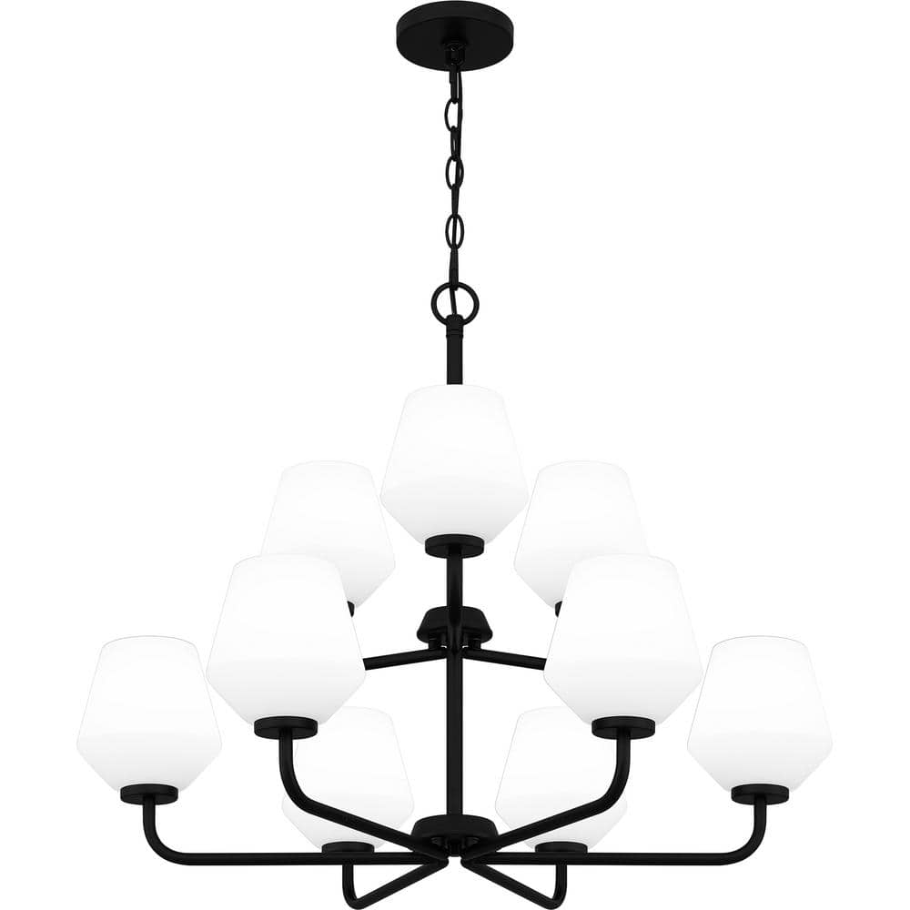 Matte Black 9-Light Chandelier with Opal Glass Shades