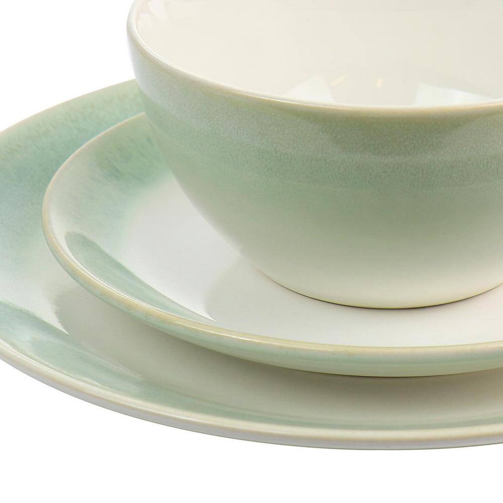 Green and White Ceramic 12-Piece Dinnerware Set, Service for 4