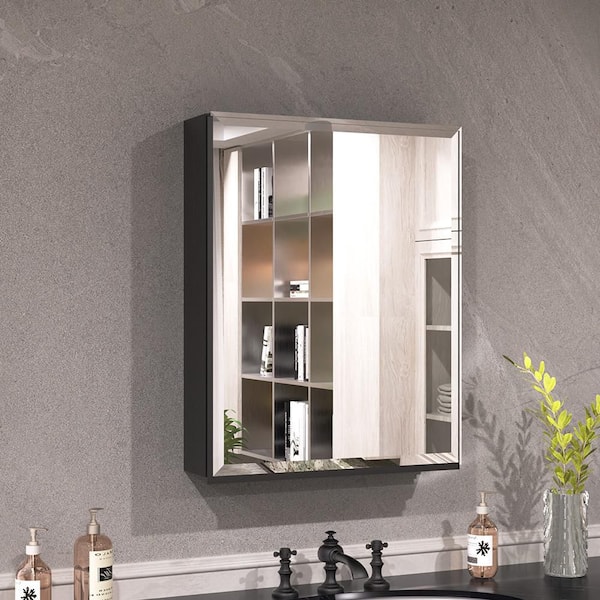 Keen 16 in. x 20 in. Framless Recessed or Surface-Mount Rectangular Aluminum Medicine Cabinet with Mirror in Matte Black