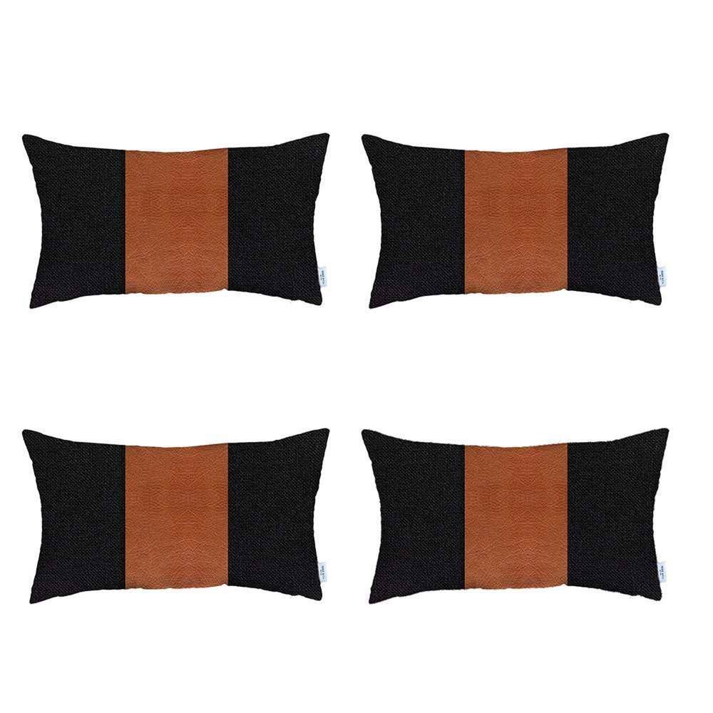 Black and Brown Vegan Faux Leather Lumbar Pillow Covers Set of 4
