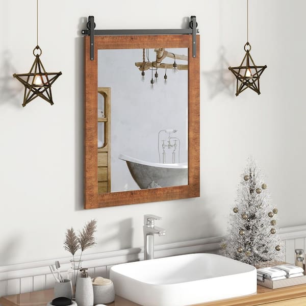 Brown 22 in. W x 30 in. H Rectangle Wood Framed Wall Mount Mirror for Bathroom and Living Room Decor