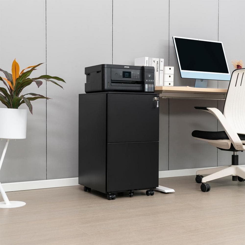 2-Drawer Black 27.3 in. H x 15.4 in.W x 17.7 in. D Metal Mobile Vertical File Cabinet Under Desk with Lockable Drawes
