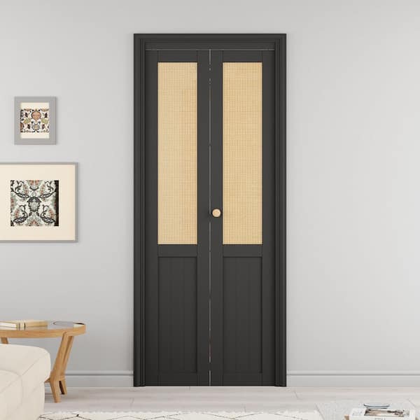 ARK DESIGN 30 in. x 80 in. Half Paneled Solid Core Black Finished MDF Wood and Imitated Rattan Weaving Bi-Fold Door with Hardware