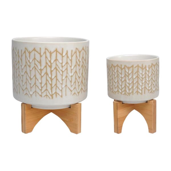 Flynama 5 in. /8 in. Beige Ceramic Planter Stand Plant Pot with Wood Stand Feet for Outdoor/Indoor(2-Pack)