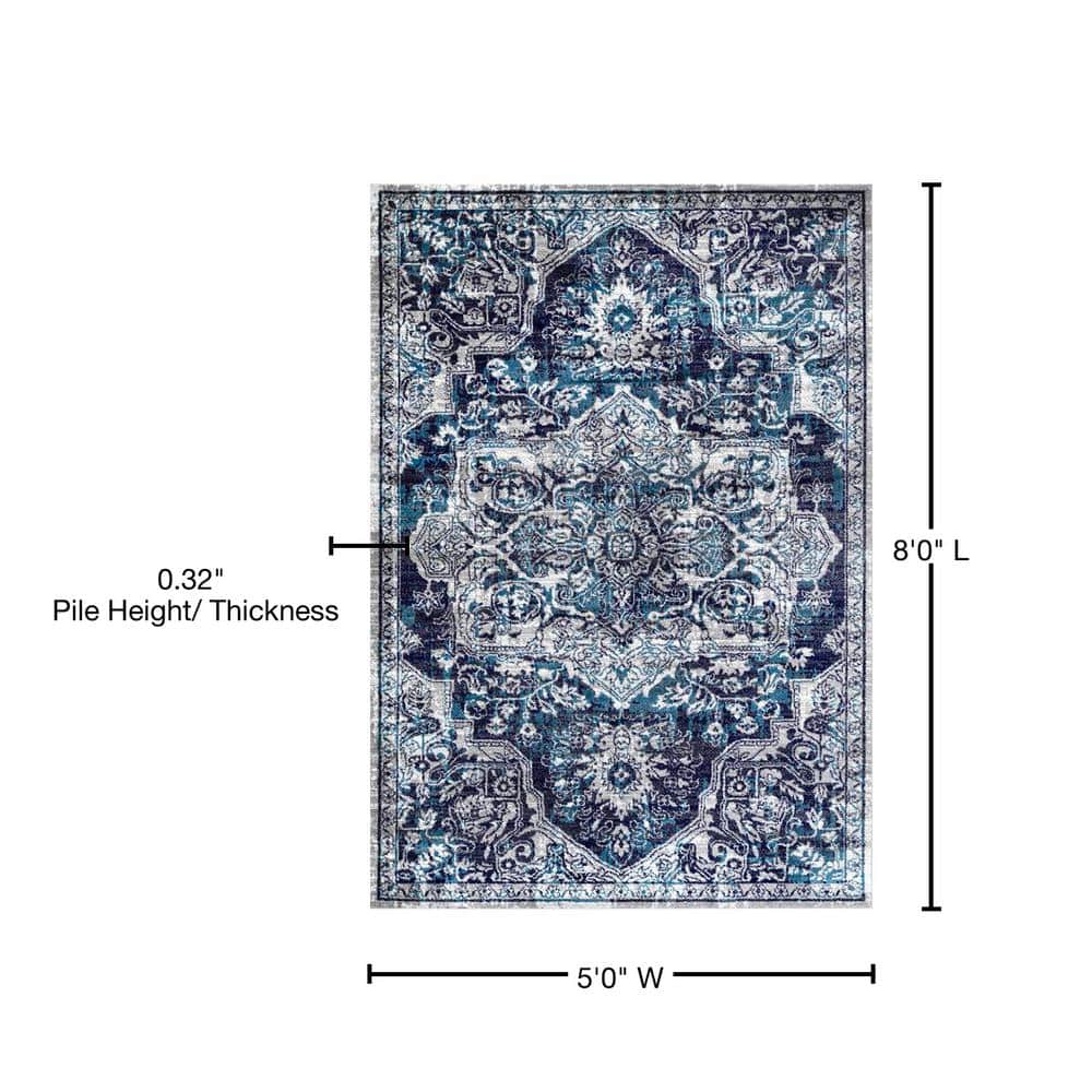 Maryanne Blue Medallion Reversible Synthetic Area Rug 5' x 8'