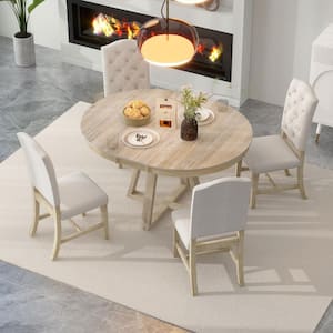 Retro 5-Piece Natural Round Wood Dining Set with a 16 in. W Leaf and 4-Botton Tufted Upholstered Chairs
