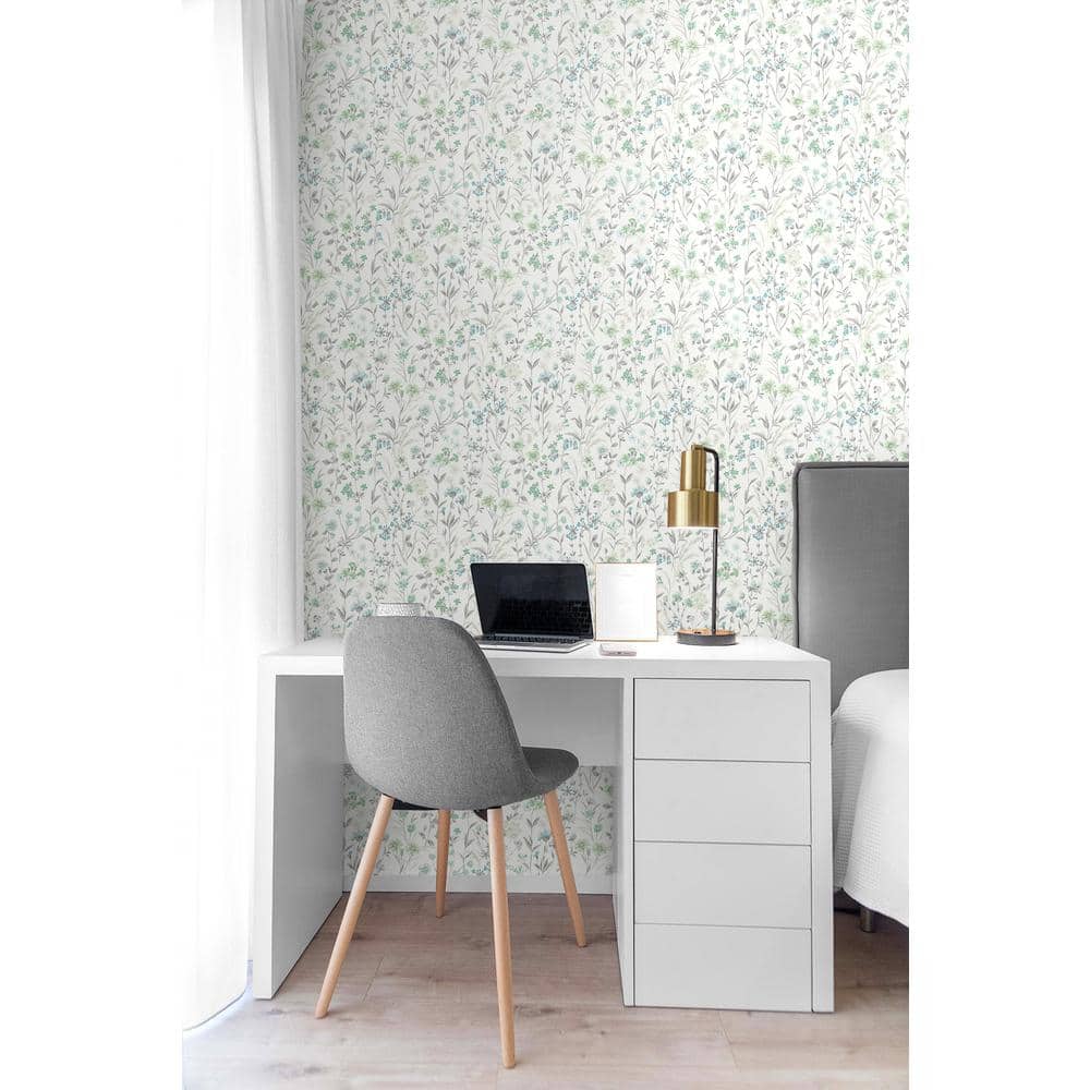 Dew Drop and Spring Green Vinyl Floral Peel and Stick Wallpaper Roll