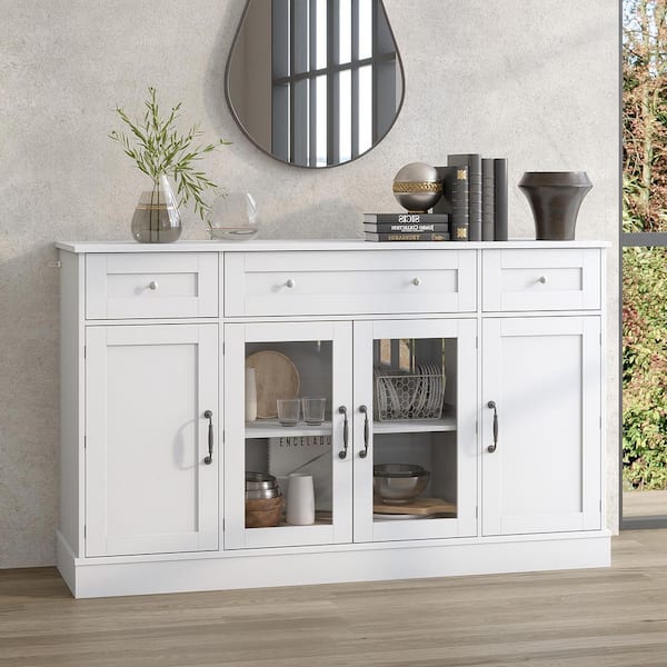 White Wood Buffet, Sideboard, Food Pantry Cabinet with 2 Glass Doors, 12 Shelves and 3 Drawers