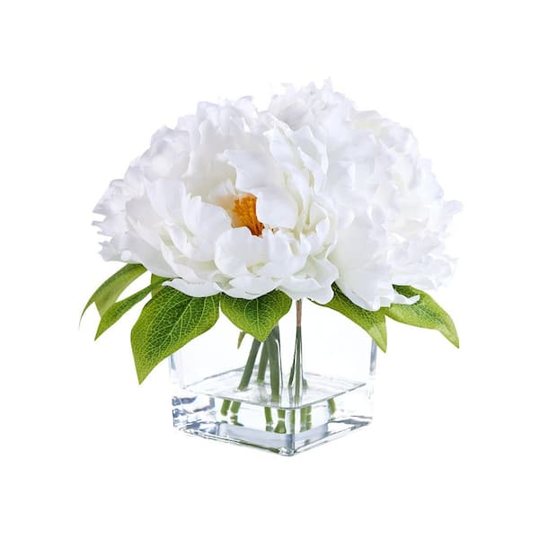 Faux Series 8 in. White Indoor Artificial Silk Peony Bouquets with Stems for Home Table Decor in Glass Vase