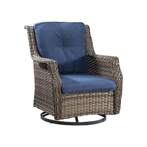 Wicker Outdoor Recliner with Blue Cushions and 360° Swivel - Ergonomic Design, Handwoven PE Rattan