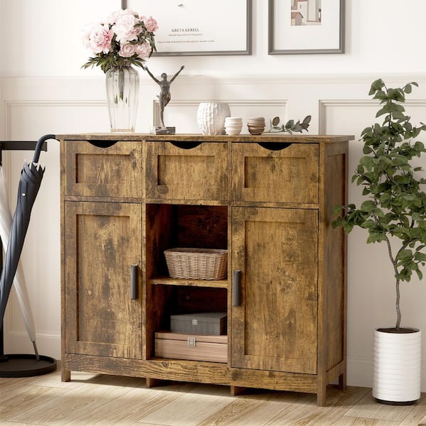 31 in. W x 35 in. D x 12 in. H Brown Linen Cabinet, Storage Cabinet with Drawers and Shelves, Bathroom/Living/Bedroom
