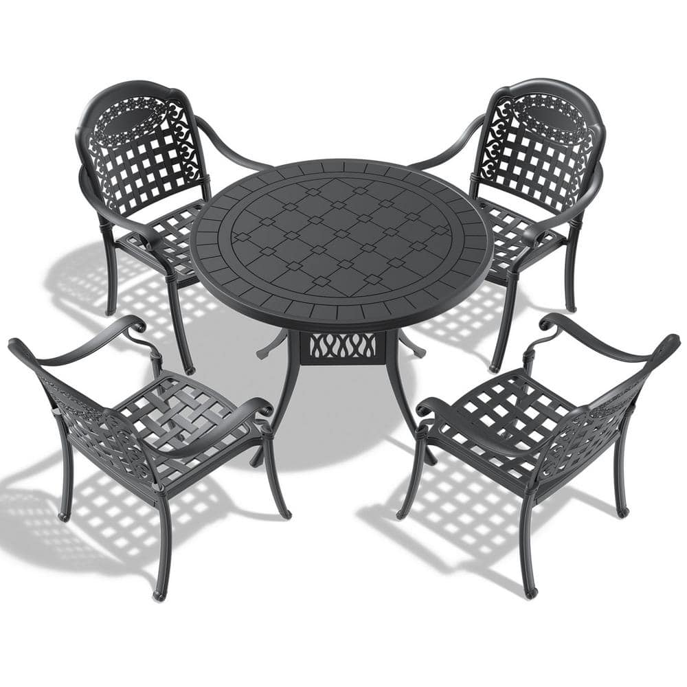 Black 5-Piece Cast Aluminum Patio Conversation Set with Black Frame and Ran
