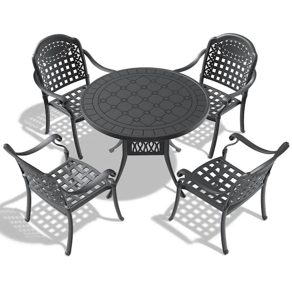 Tidoin Black 5-Piece Cast Aluminum Patio Conversation Set with Black Frame and Random Solid Color Cushions